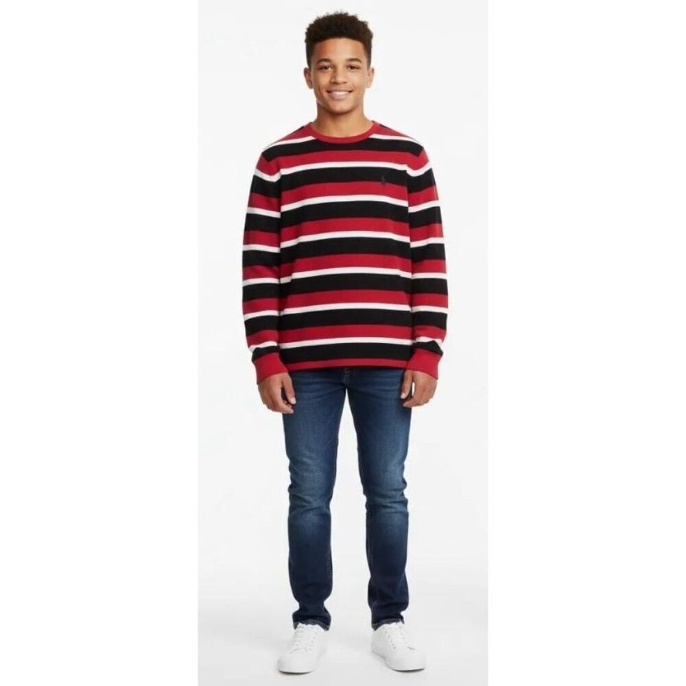 POLO Ralph Lauren Red/Multi Striped Waffle Knit Sweater Unisex Youth L (14-16)